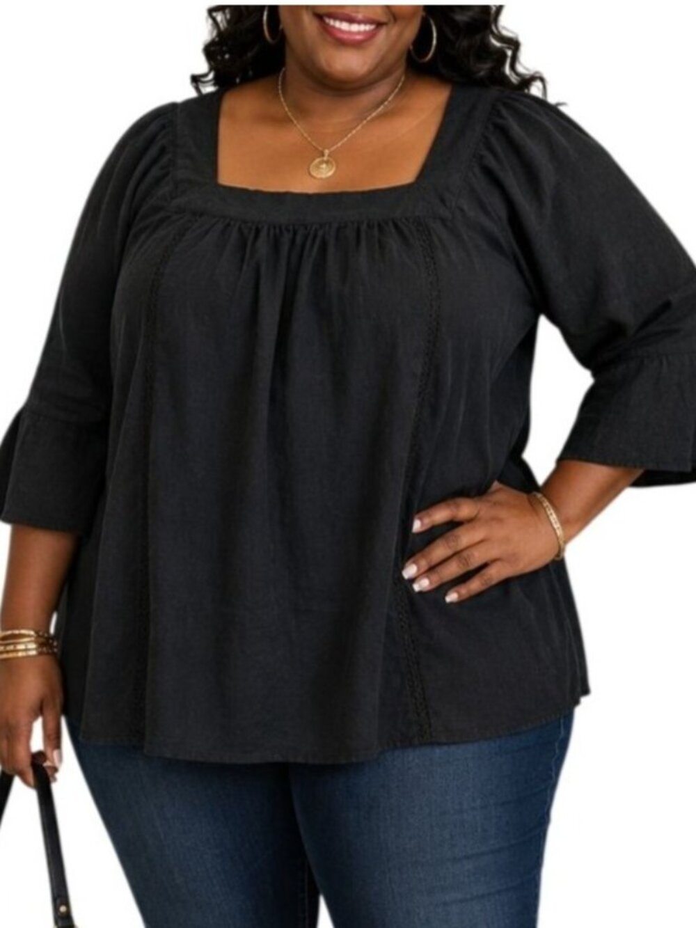 Time And Tru Size XXL Top Black Bell Sleeve Peasant Top Square Neck